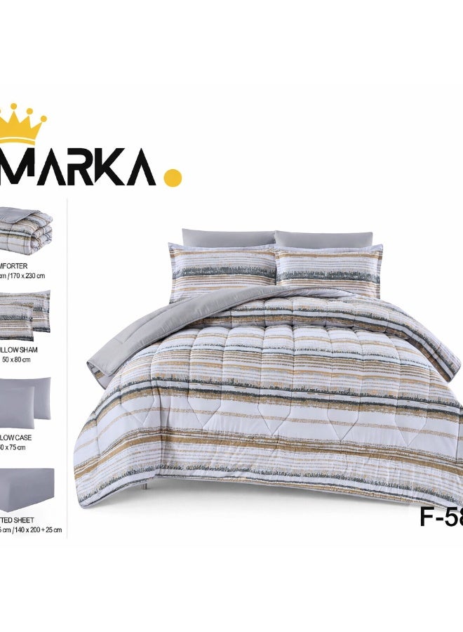 ماركه  طقم مفرش سرير نفر ونص 4 قطع وجهين (مشجر / سادة) – لحاف منفوخ مايكروفايبر 170×230 سم مع شرشف مطاطي، خامة فاخرة وتصميم أنيق يمنح غرفتك لمسة فخامة وراحة - Image 5